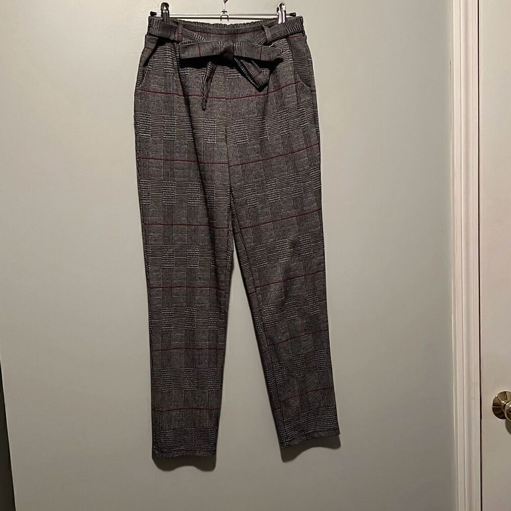 Love Tree Women's Gray Red Plaid Belted High Rise Pants